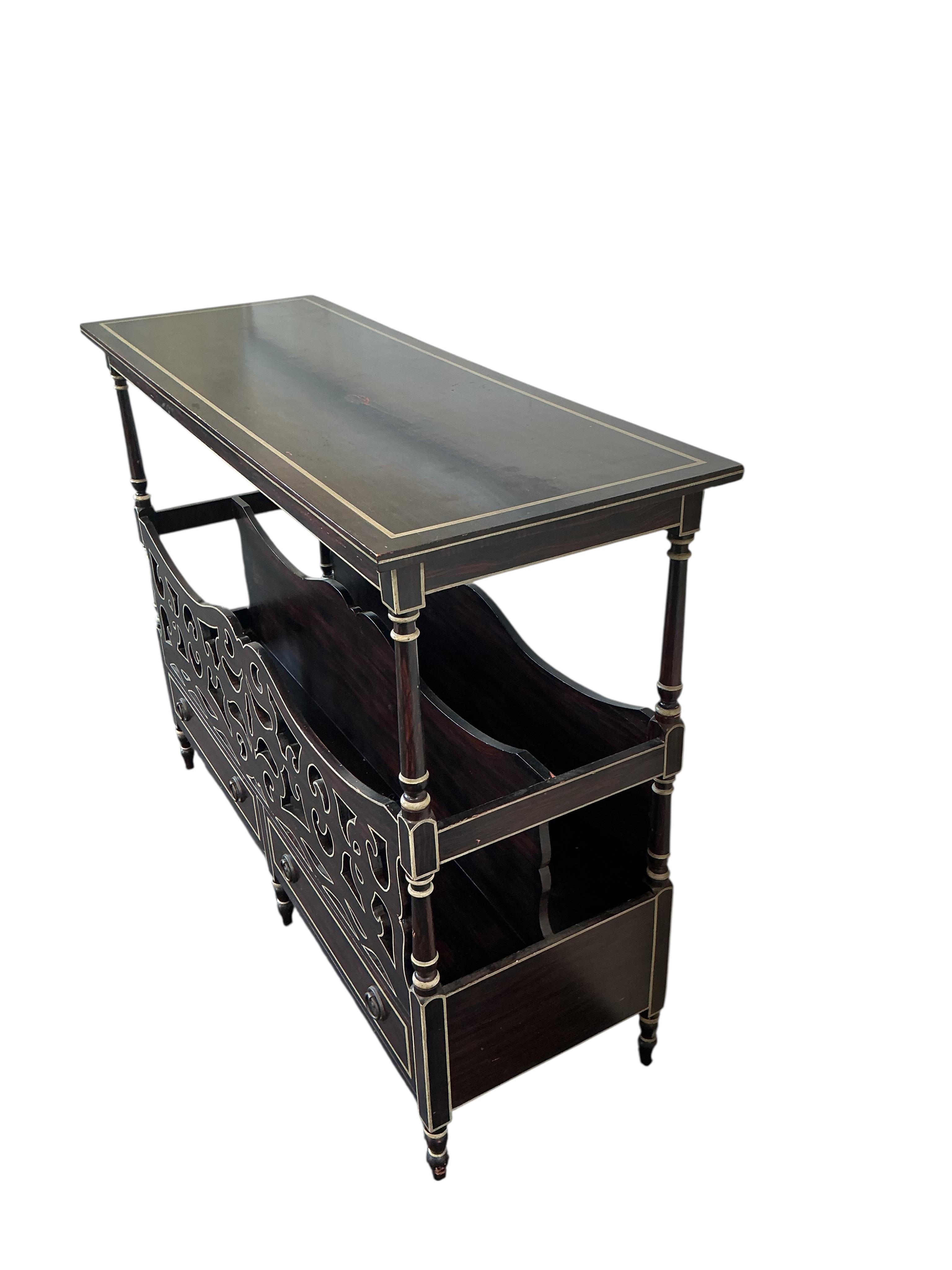 A Regency style simulated rosewood side table and another similar two tier etagere, width 62cm, depth 30cm, height 92cm